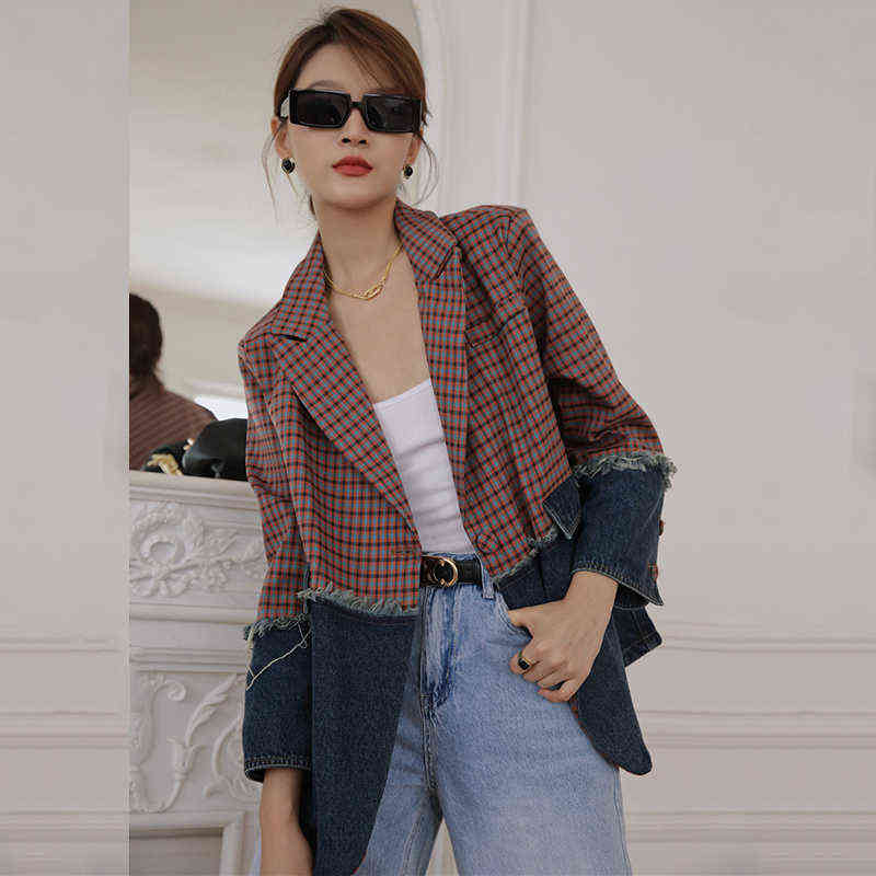[EAM] Women Plaid Denim Split Big Size Blazer Lapel Long Sleeve Loose Fit Jacket Fashion Spring Autumn 1DC811 211122