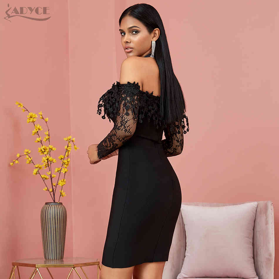 Winter Lace Off Shoulder Bandage Dress Women Sexy Long Sleeve Black Club Celebrity Evening Runway Party Dresses 210423