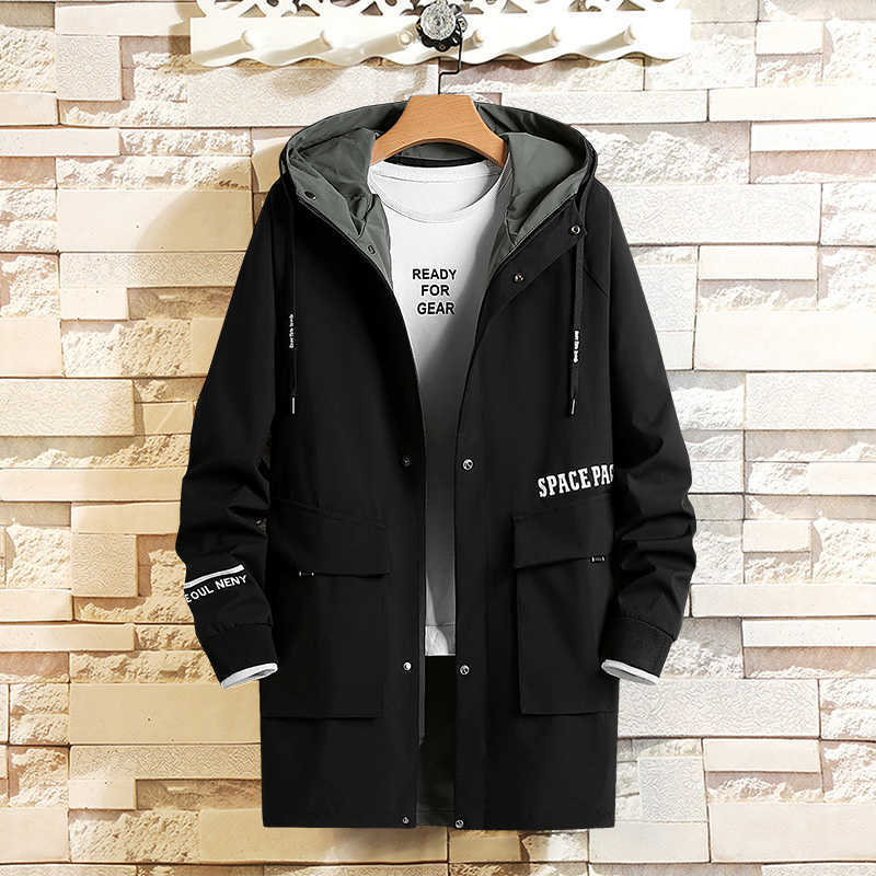 Casual Men's Black Green Windbreaker Jackets Long Trench Coat For Spring Autumn Winter Clothes 210819