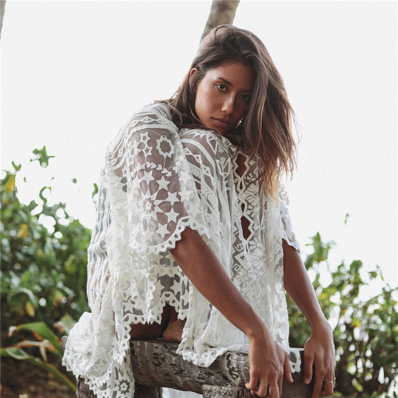 2021 Lace Beach Cover up Pareo Beachwear Swim suit Cover up Playa Pareo Tunics for Beach Swimwear Women Lace Beach Dress #Q958 210317