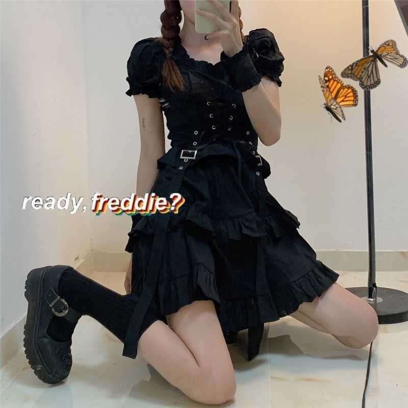QWEEK Women's Gothic Lolita Dress Punk Mall Goth Kawaii Cute Ruffle Bandage Black Mini Emo Clothes Summer 210623