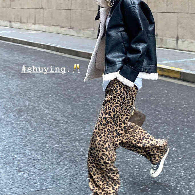 Korean leopard print wide leg pants high waist straight tube casual loose thin mops women fashion sweat 211115