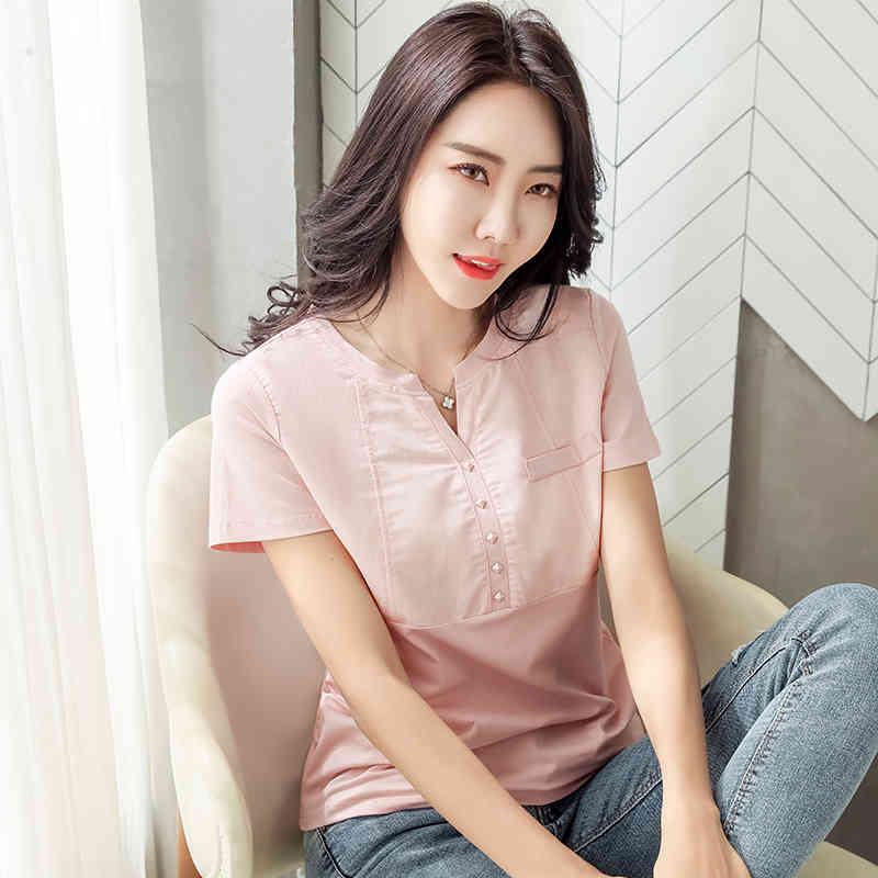 Summer Tops Women Solid Short Sleeve Tshirt Office Lady Casual V-neck T-shirt Clothes Camiseta Mujer 8588 50 210508