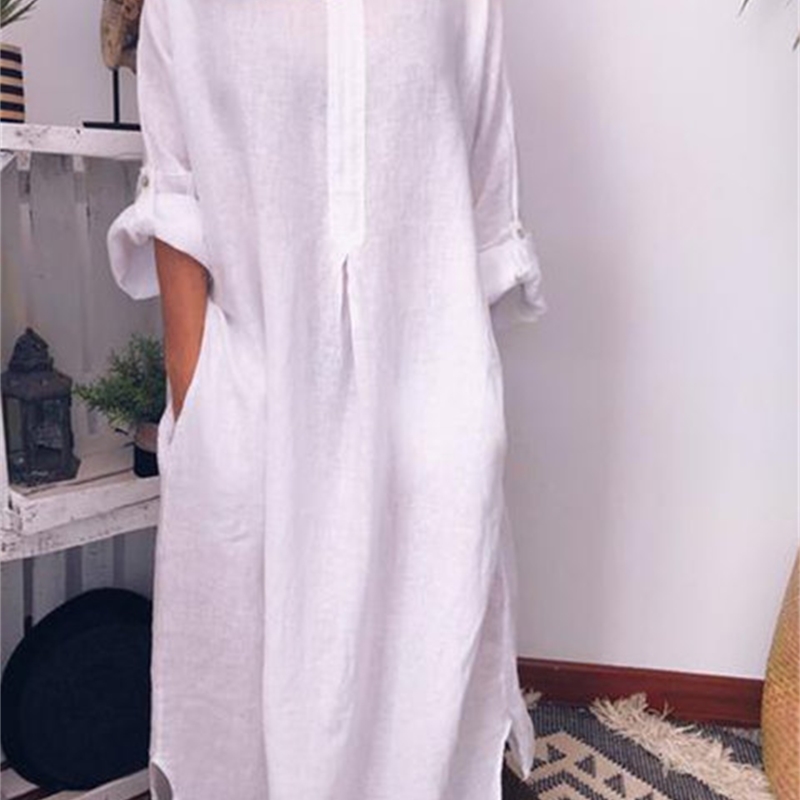 Women Dress Split O-Neck White Yellow Blue Cotton Dresses Loose Plus Size Long Summer Clothes 210524
