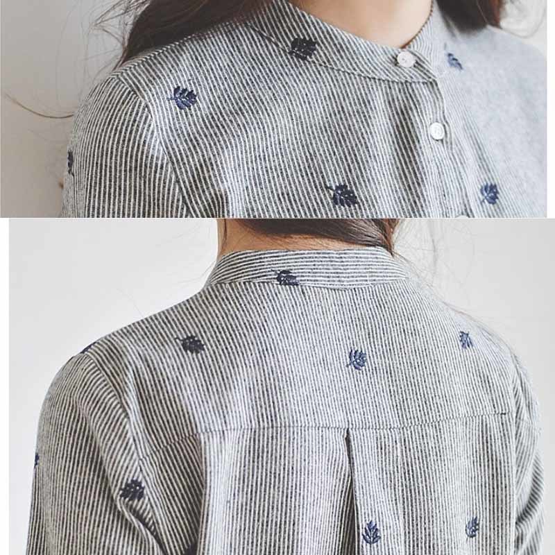 Fashion Grey Striped Women Long Sleeve Leaf Embroidery Blouse Shirt Women's Clothing Office Lady's Tops Blusas 335F 30 210518
