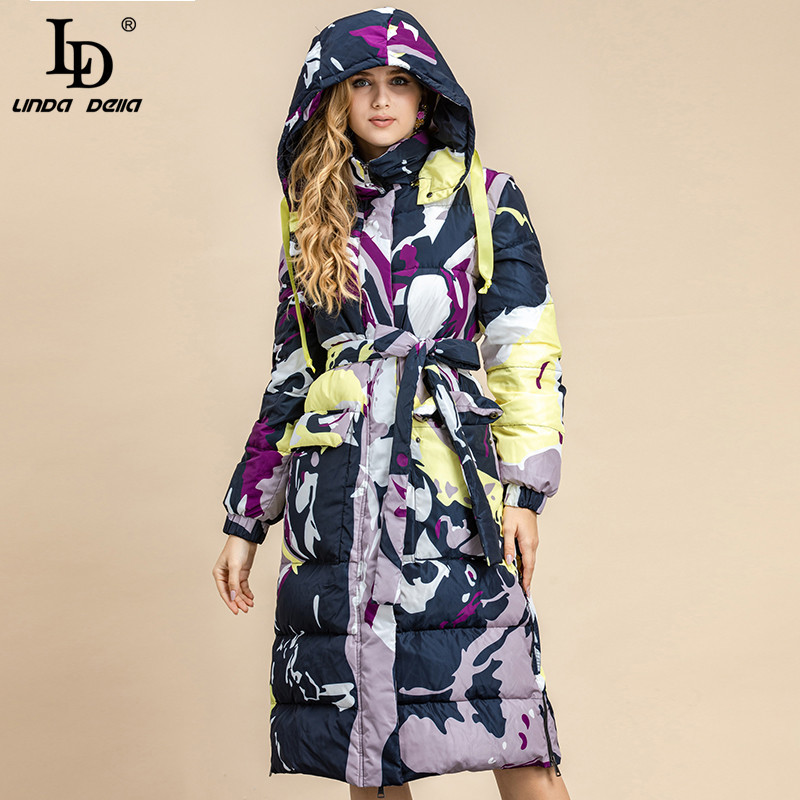 Spring Runway Long Hooded Down Coat Women Turtleneck Belt Vintage Print Warm Duck Jacket Overcoat 210522