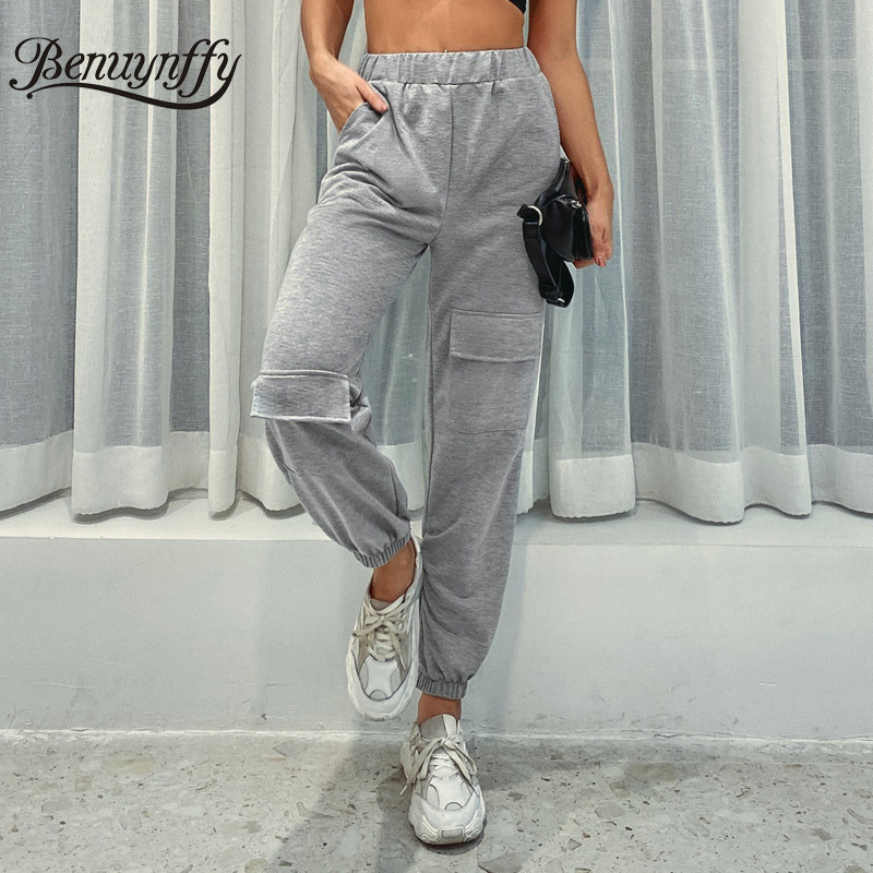 Autumn Winter High Waist Cargo Pants Multiple Pockets Sweatpants Women Sports Casual Solid Elastic 210510