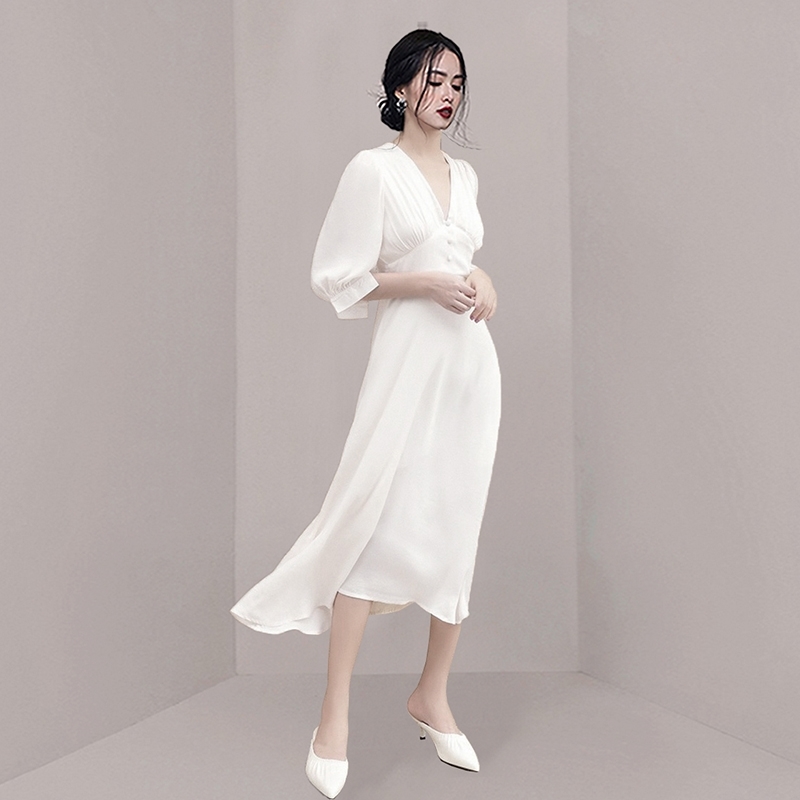 Summer Women Single Breasted Mid-Calf White Dresses Elegant Korea Chic Solid Long Dress 210520