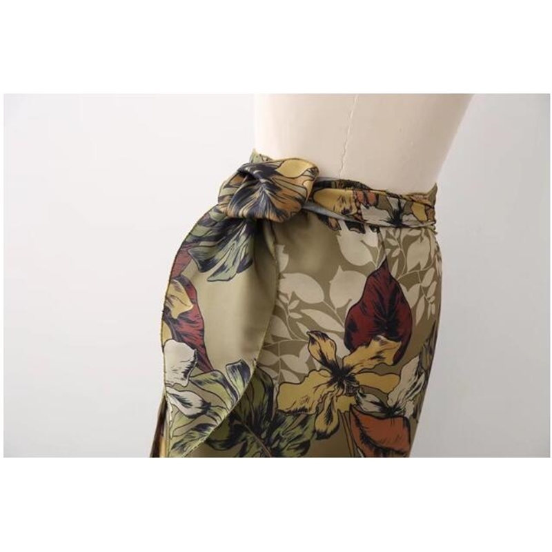 Sexy Flower Leaves Print Bow Tie Sashes Wrap Skirt Vintage Women High Waist Slim Fit Mid-Calf Long Pencil Skirts Holiday 210619