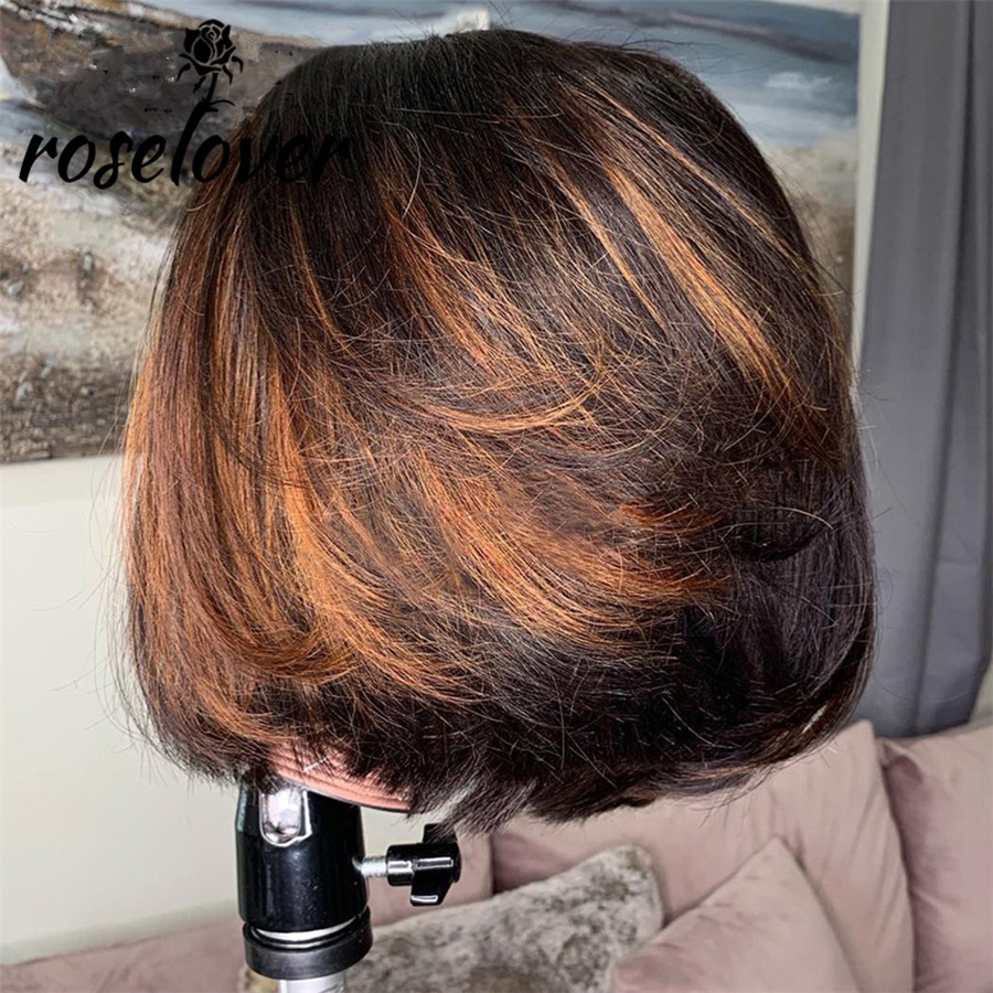 Highlight Wig Ombre Brown Colored Brazilian Human Hair Short Bob Straight Synthetic lace Frontal Wigs For Black Women