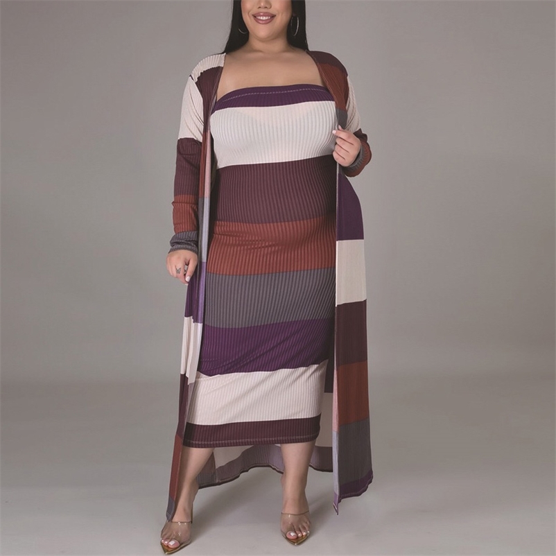 Spring 2 Pieces Sets Womens Outfits Plus Size Long Outwears & Strapless Dress Bodycon High Waist Mid Calf Elegant 210510