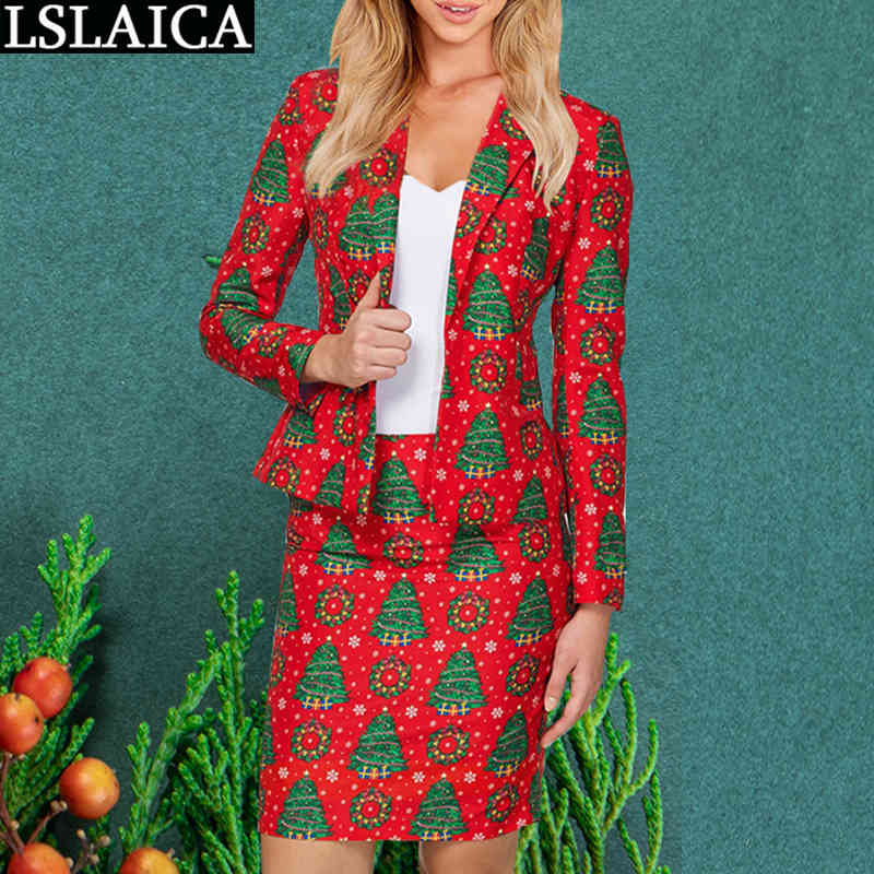 2 Pc Set for Women Floral Print Long Sleeve Blazers Tops Mini Skirt Sets Autumn Winter Office Lady Christmas Two Piece Outfits 210520
