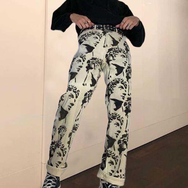High Street Statue Printed Men Jeans Loose Straight Denim Trousers Harajuku Casual Pants Moto Hip Hop Wide Leg Pants Male 2021 X0621