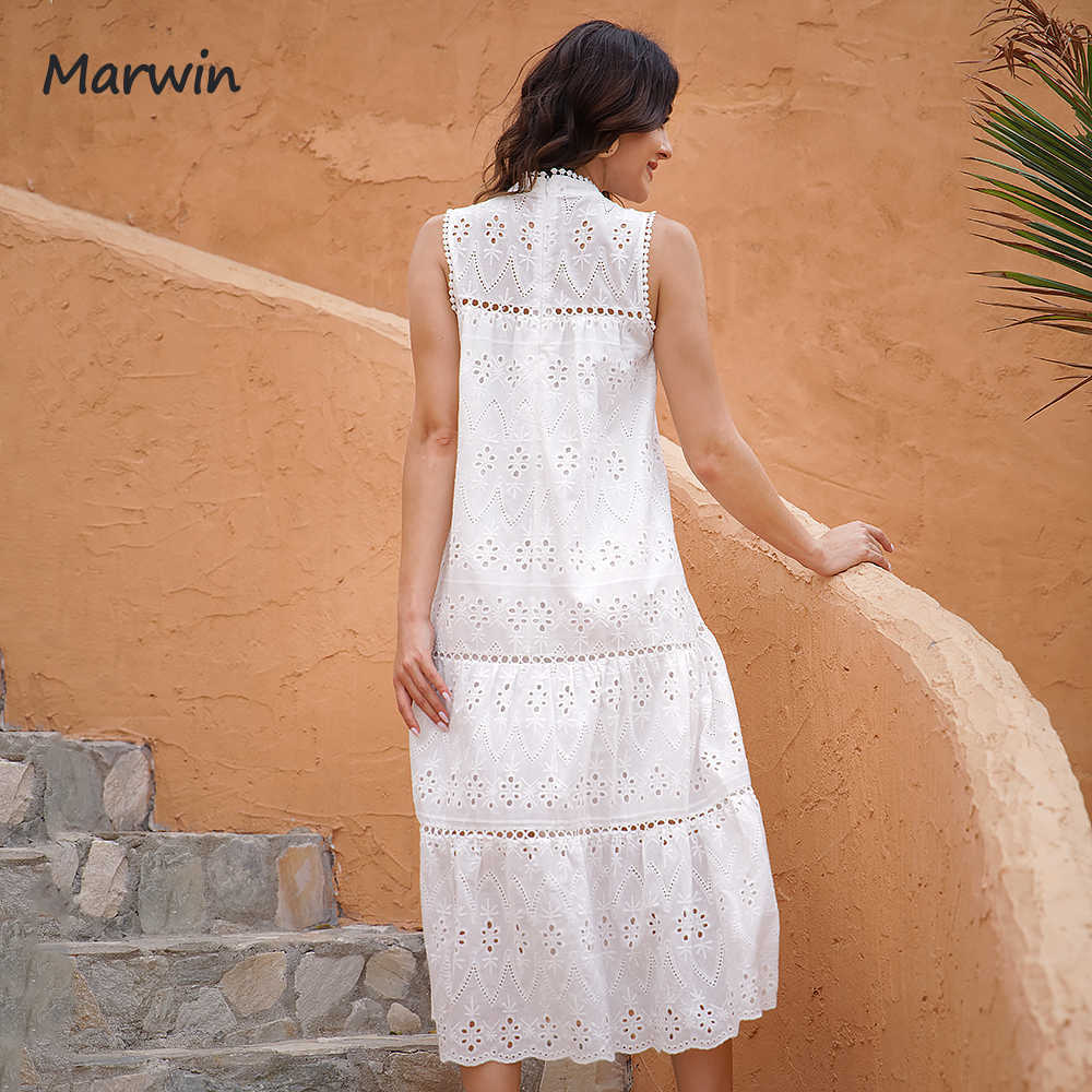 Marwin Long Simple Casual Solid Hollow Out Pure Cotton Holiday Style High Waist Fashion Mid-Calf Summer Dresses Vestidos 210623