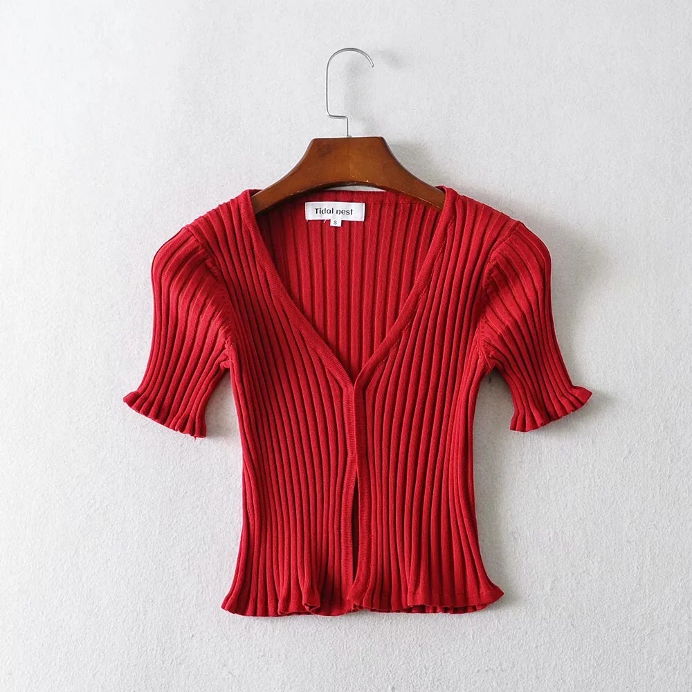 AA Wood ears Covered Buttons V neck Short sleeve Sweater Women Knitted Tight Cardigan Front Slit Slim Cropped 210429