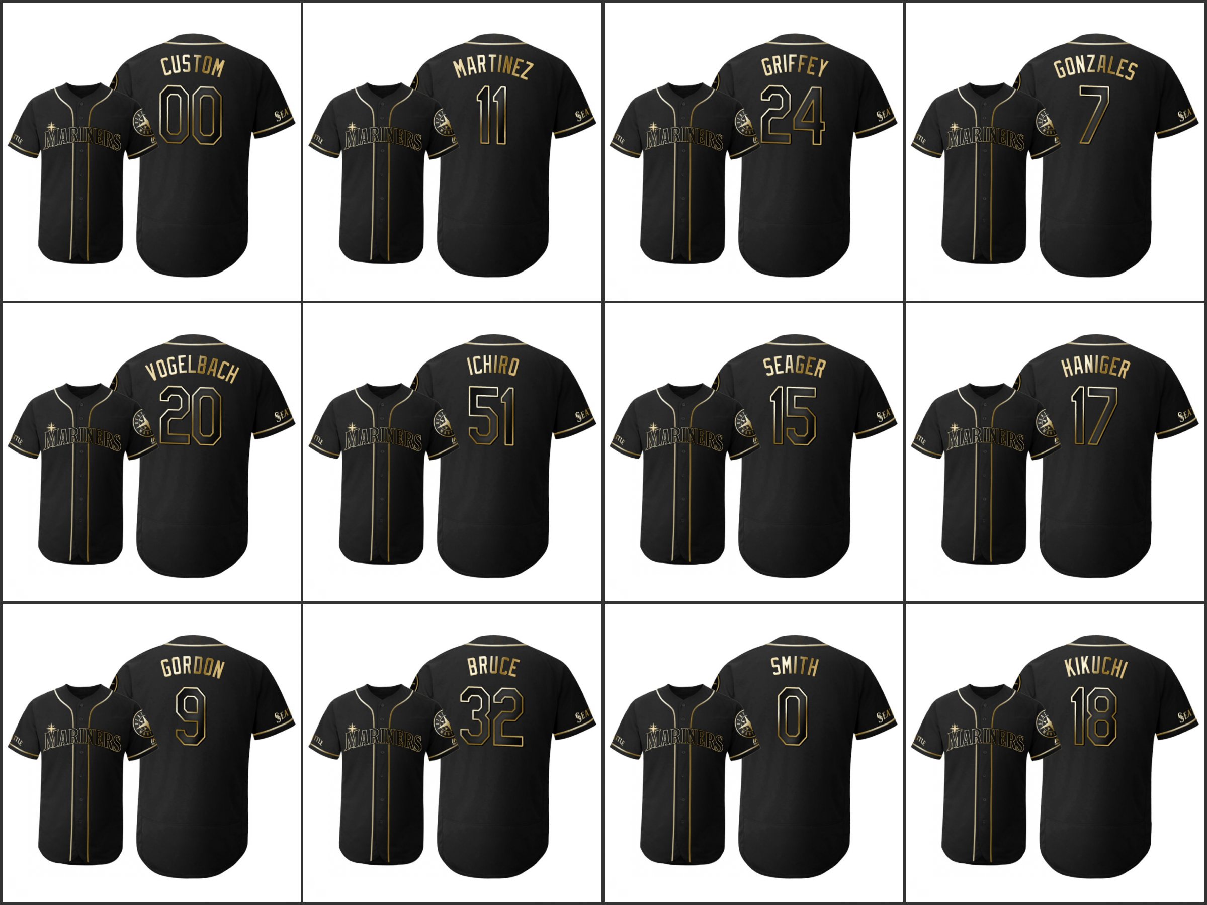 SeattleMariners Men Women Youth #51 Ichiro Suzuki 24 Ken Griffey Jr. 0 Mallex Smith 17 Mitch Haniger Custom Black Golden Edition Flex Base Jersey
SeattleMariners Men Women Youth #51 Ichiro Suzuki 24 Ken Griffey Jr. 0 Mallex Smith 17 Mitch Haniger Custom Black Golden Edition Flex Base Jersey