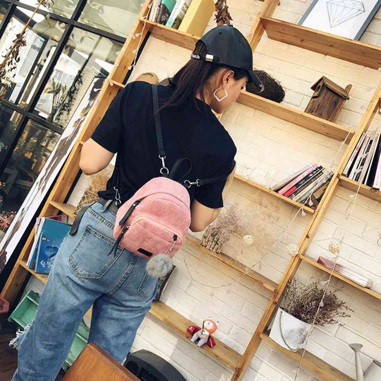 Girl Mini Backpack Women Pompom Ball Solid Color Corduroy Small Backpack Autumn Winter Teenage Travel School Bag Mochila Y1105