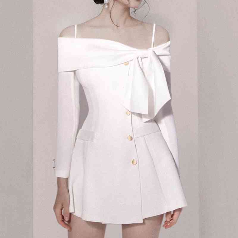 Spring Women Sexy Off The Shoulder Bow Party Dresses White Single Breasted Beach Holiday Ladies Vestido Da Fest 210520