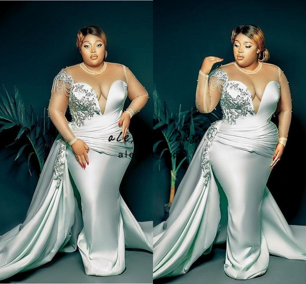 Plus Size Mermaid African Wedding Dresses 2022 Illusion Long Sleeve Arabic Aso Ebi Lace Beaded Outdoor Garden Bridal Dress with Overskirt