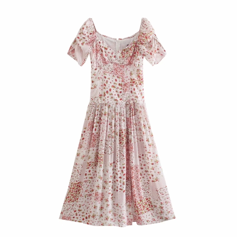 Summer Women Patchwork Print Side Slit Midi Dress Female Square Collar Puff Sleeve Clothes Casual Lady Slim Vestido D7728 210430Z