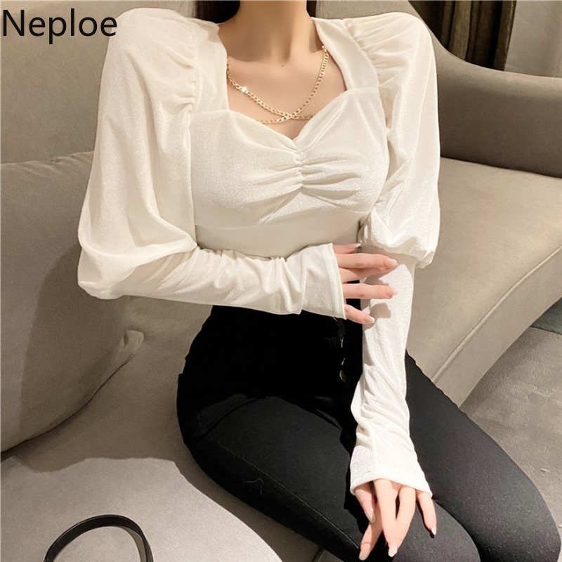 Neploe Square Collar Velvet Blouse Women Ropa Para Mujeres De Moda Temperament Shirt Slim Long Sleeve Chic White Blouses Tops 210422