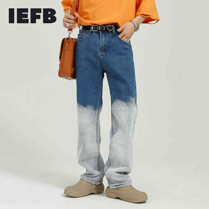 IEFB Korean Trend Gradual Color Straight Denim Trousers Loose Casual Contrast Color Patchwork Jeans Men Spring 9Y7091 210524