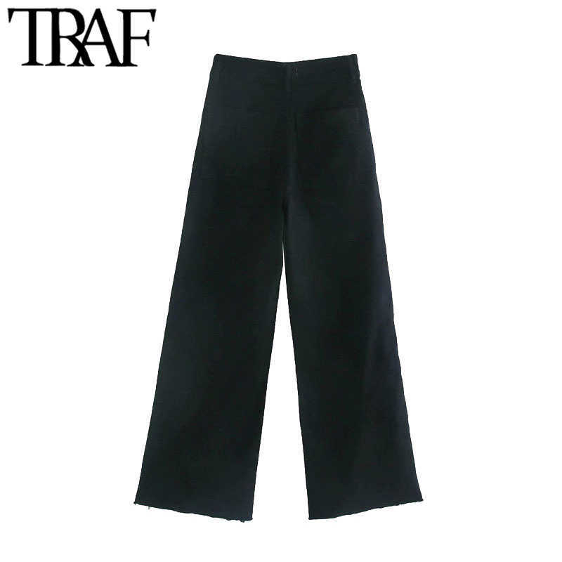 TRAF Women Fashion Pockets Frayed Tassel Straight Jeans Vintage High Waist Zipper Fly Denim Female Ankle Trousers Mujer 210922