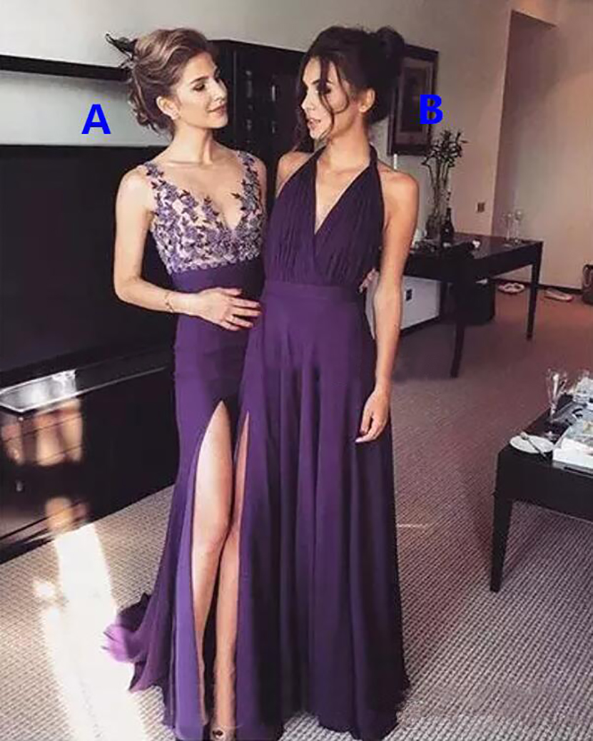 Purple Chiffon Halter Sheer V Neck Bridesmaid Dresses 2021 Long Sexy Side Split Maid Of Honor wedding party guest Gowns 0509