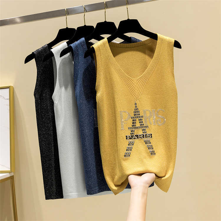 Sexy Tank Top Women Girl Knitted Vest V-neck Streetwear Casual Tank Top Women Summer Thin Bright Silk Sleeveless Outwear Tops 210528