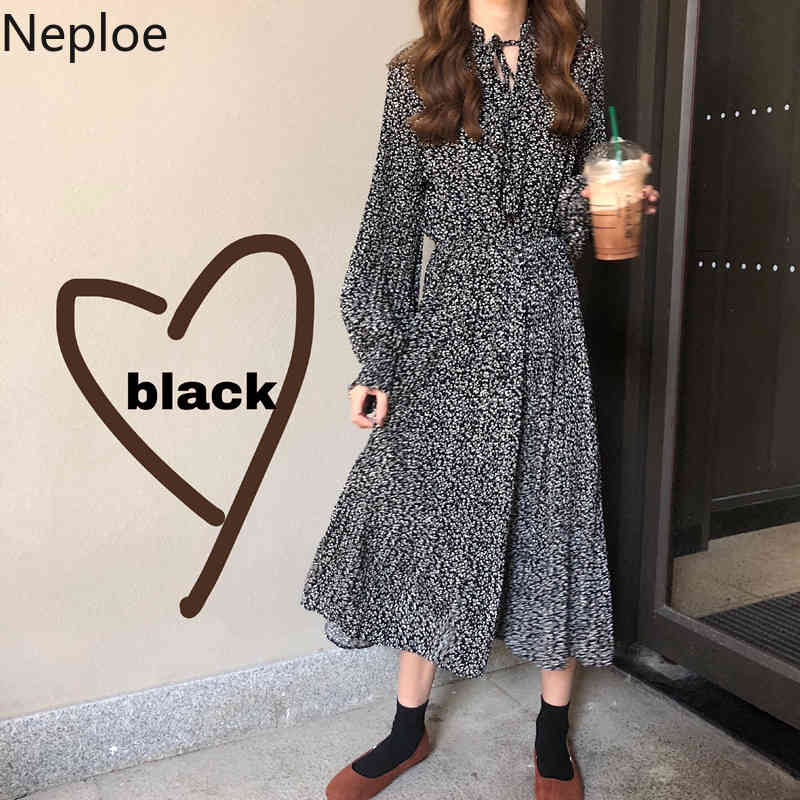 Neploe Women Dress Retro Floral Chiffon Vestidos Spring Plus Size Lace Patchwork Ropa Mujer Long Sleeve Slim Waist Midi Dresses 210422