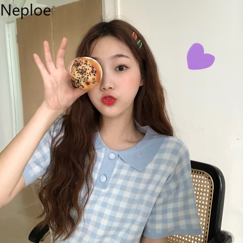 Neploe Plaid Summer Knitted T Shirts Women Kawaii Cute Tops Short Sleeve Tshirt Shirt Korean Vintage Graphic Tee Woman Clothes 210422