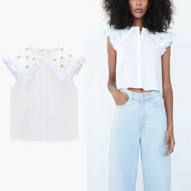 Openwork Embroidery Za Shirt Women Sleeveless Ruffle Vintage Summer Top Female Fashion Button Fit White Embroidered Blouse 210602
Openwork Embroidery Za Shirt Women Sleeveless Ruffle Vintage Summer Top Female Fashion Button Fit White Embroidered Blouse 210602