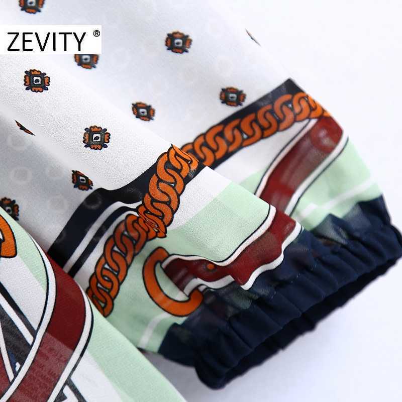 Zevity Women Vintage Geometric Patchwork Print Chain Blouse Retro Bow Tied Casual Chiffon Shirts Chic Femme Blusas Tops LS7294 210603