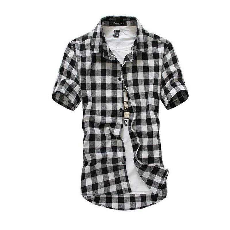Mens Check Shirt Flannel Brushed Cotton Short Sleeves Casual Slim Fit Top Plus Size 210701