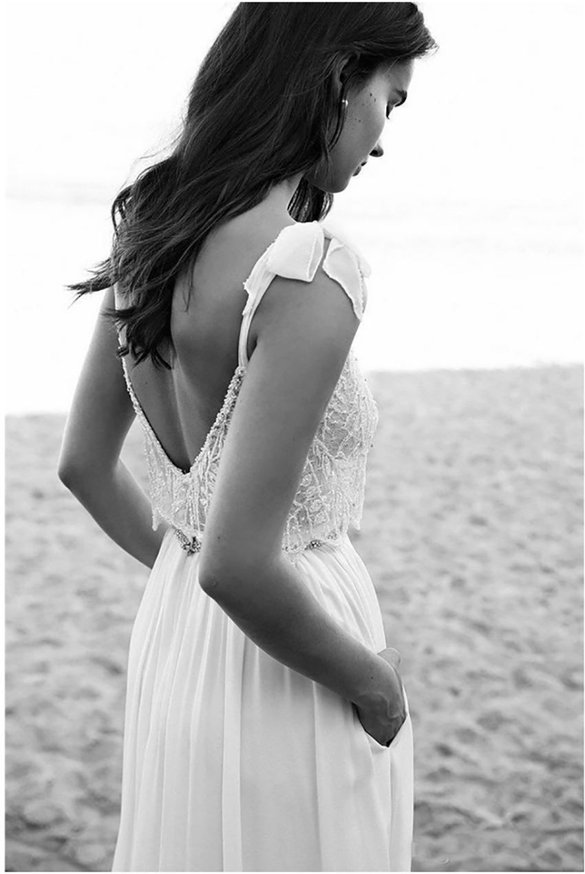 Piece Lace Boho Spaghetti Neck Beads Backless Bride Gowns Sweep Train Beach Chiffon Wedding Dress