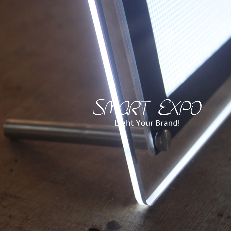 A3 Counter Crystal Light Box Advertising Display Featuring Free Standing on Table Supported by Steel Bolts and Wooden Case Packing