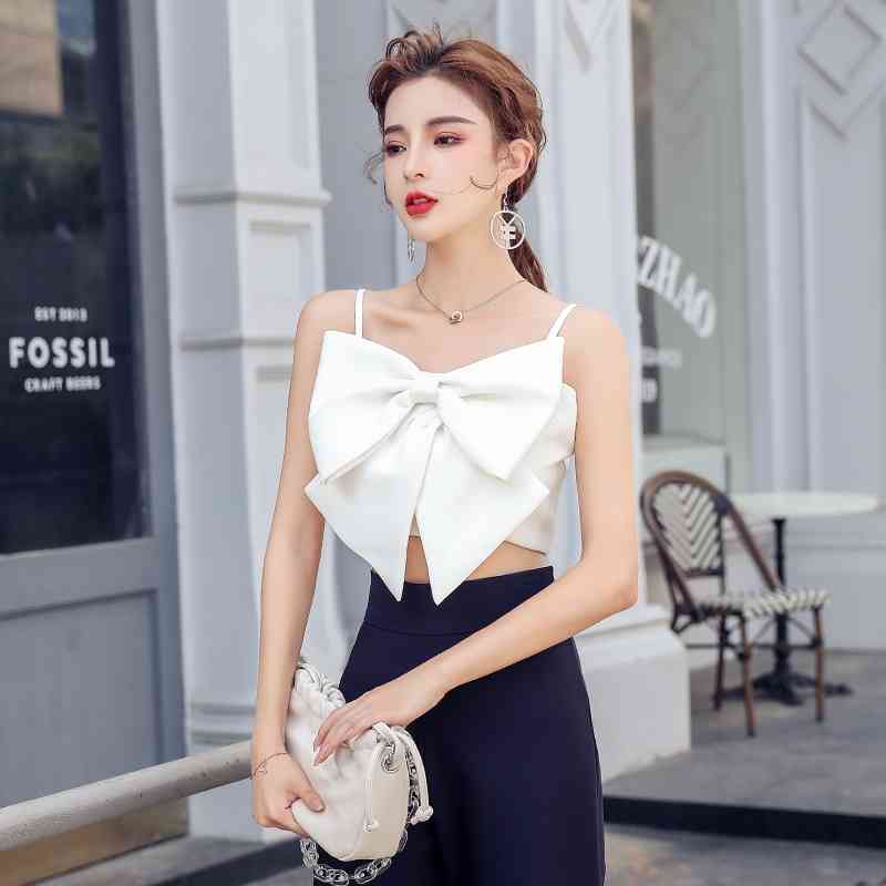 Summer Fashion Women Two Piece Sets Sexy Spaghetti Strap Short white Bow Top +High Waist Black Pants Suit 210520