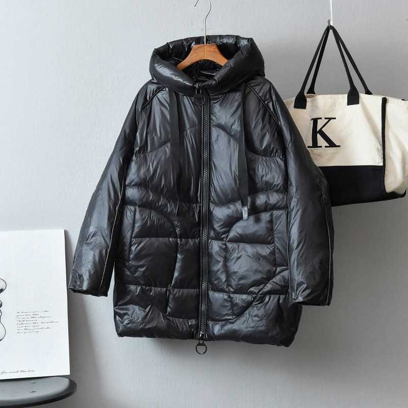 Medium Long Winter Jacket Women Letter Embroidery White Duck Down Hooded Coats Warm Thicken Parka 211013