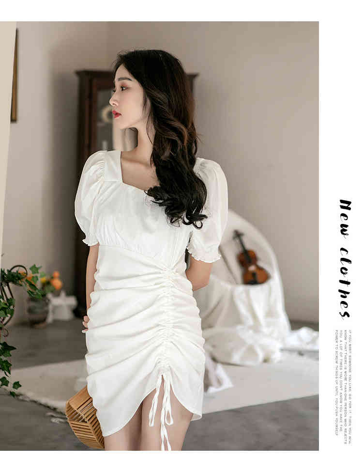 Elegant Fashion Ruched Drawstring Bodycon Mini Dress Summer Women Square Collar Slim Waist Vintage Vestidos 210519