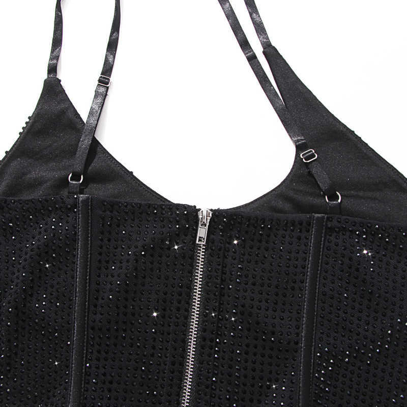 DEAT Women Drilling Open Shoulder Open Navel Sleeveless Vest Sexy Fish Bone Slim Fashion Spring Summer 11B520 210709