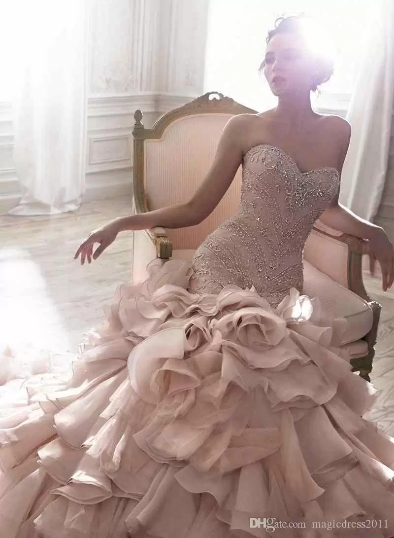 Wedding Mermaid Dresses Bridal Gown Blush Pink Ruffles Sweetheart Necke Beaded Crystals Sequins Lace Applique Custom Made Plus Size Vestidos