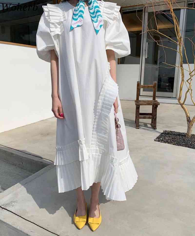 Retro Maxi Dress Ruffles Chic Short Puff Sleeve Female All Match High Street Fashion Vintage Elegant Long Pleated Dresses 210519
