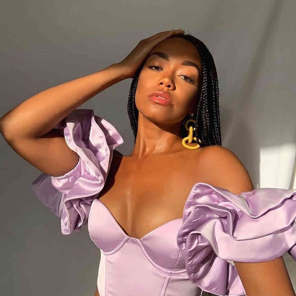 Free Chic Women's Purple Crop Top Sexy V-neck Card Shoulder Ruffle Sleeve Halter Cropped 210524