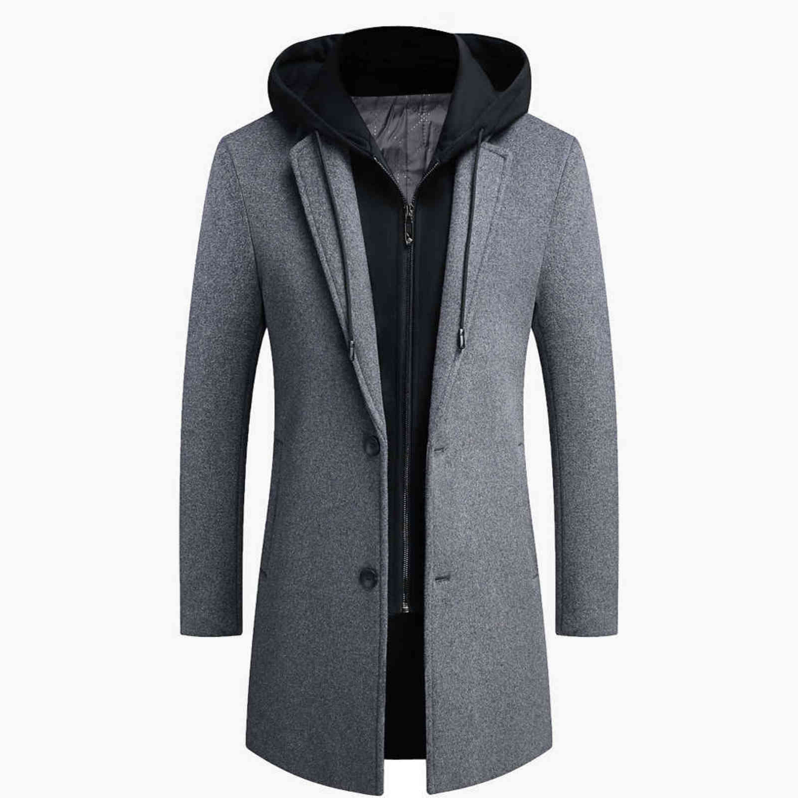 Men's Hooded Wool Blends Business Coats Winter Thicken Warm Windproof Men Woolen Coat Slim Long Casual Mens Clothing 211122
