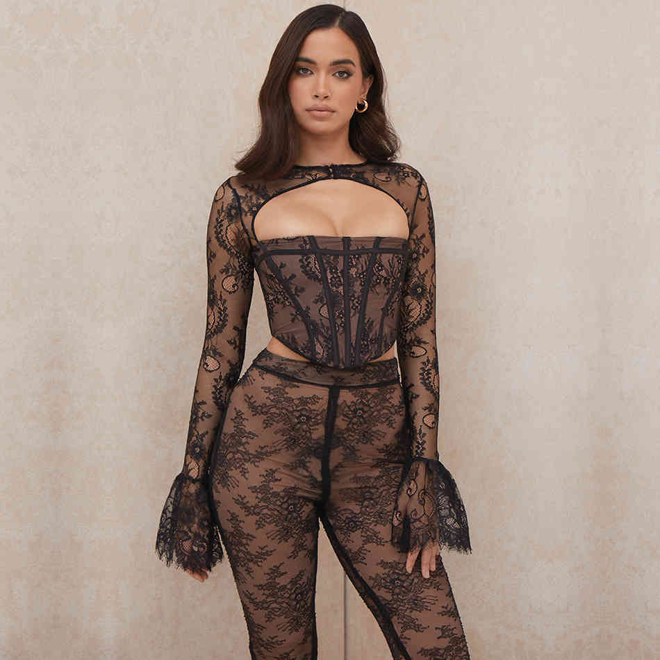 Summer Women Black Lace Bandage 2 Two Pieces Sets Sexy Hollow Out Long Sleeve Tops&Pants Club Celebrity Party Set 210423