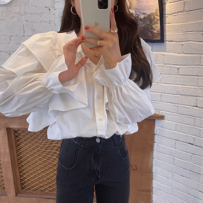 Korean Blouse Ruffle Turn Down Collar Long Sleeve Shirt Women Solid Color Casual Loose Fashion Tops Chic Blusas 210519