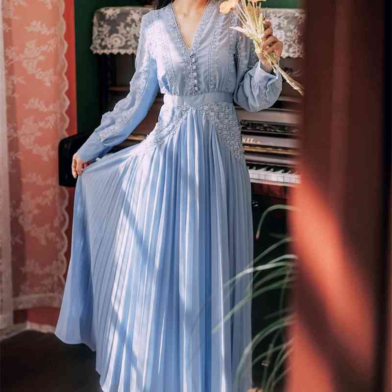 Ladies Full Sleeve Pleated Dress Robe Women's Sexy V Neck Blue Lace Chiffon Patchwork Long Vestidos 210520