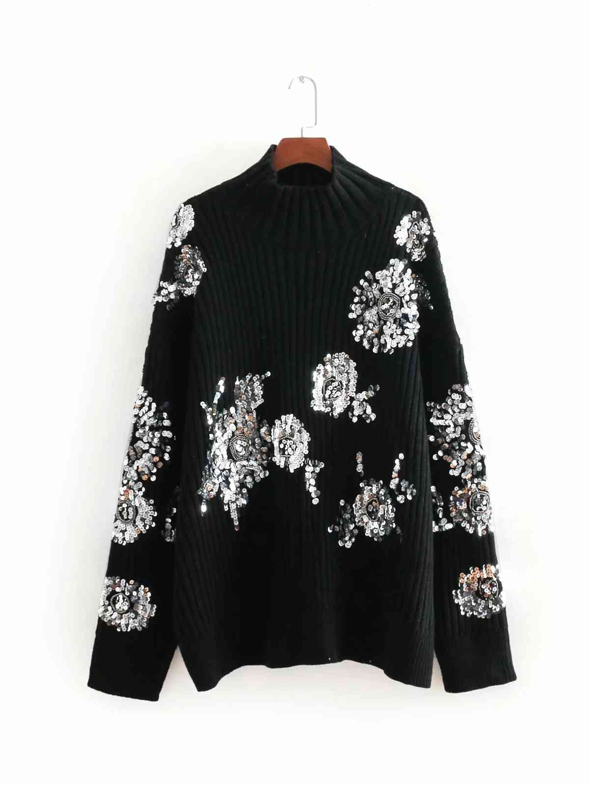 Vintage sequin black turtleneck sweater women knitted pullove casual thick korean winter 210521
