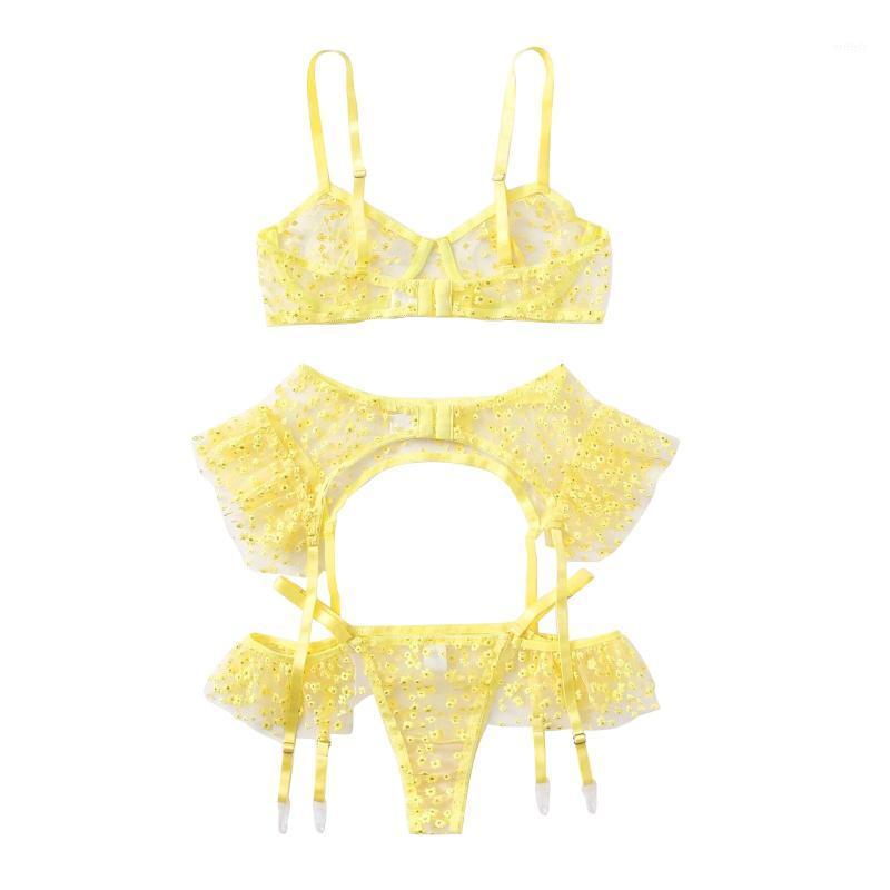 

Sexy Pure Yellow Underwire Bra Embroidery Thong Garter Belt Temptation Perspective Erotic Underwear Women Lingerie Set Bras Sets