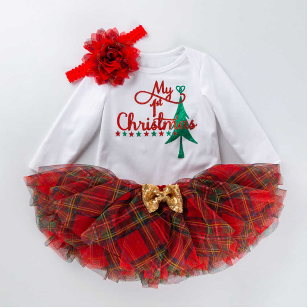 Mudkingdom Christmas born Baby Girls Clothes Sets Cartoon Print Tops Lace Tutu Skirt Headband Outfits 210615